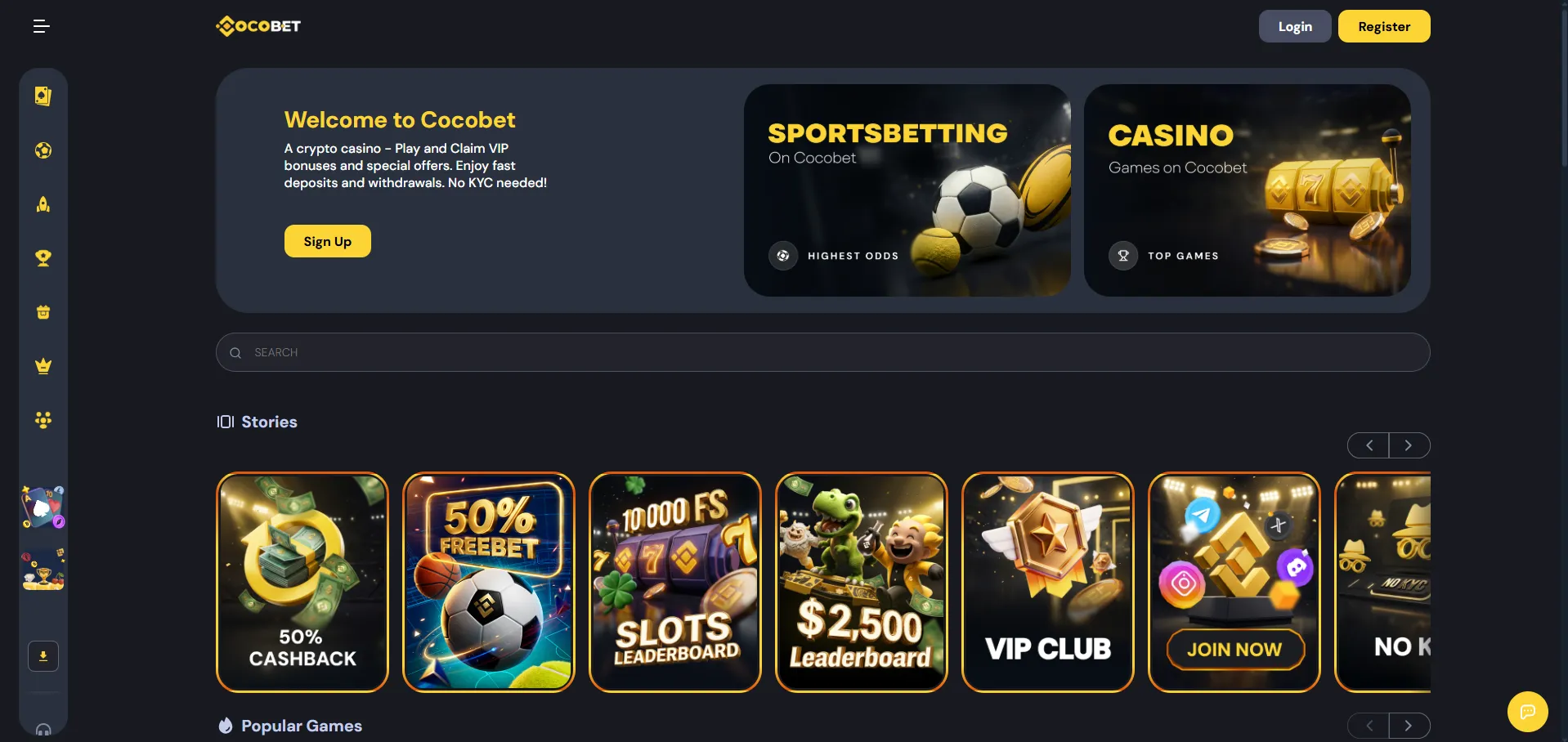Cocobet casino homepage with the yellow Register button in the top right corner