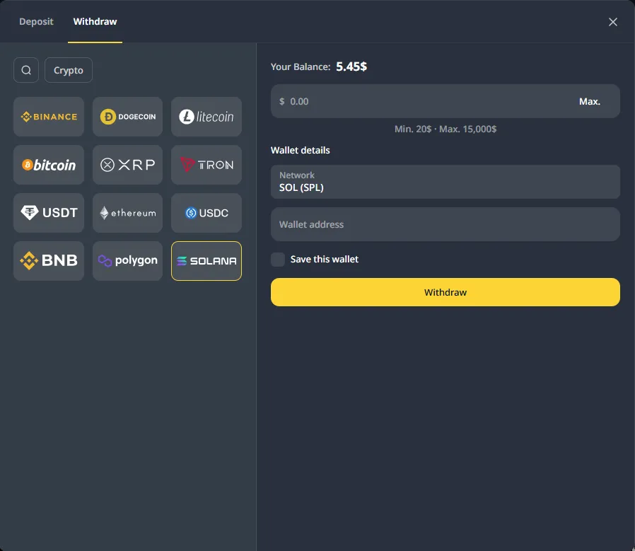 Cocobet withdrawal screen with payout methods and limits