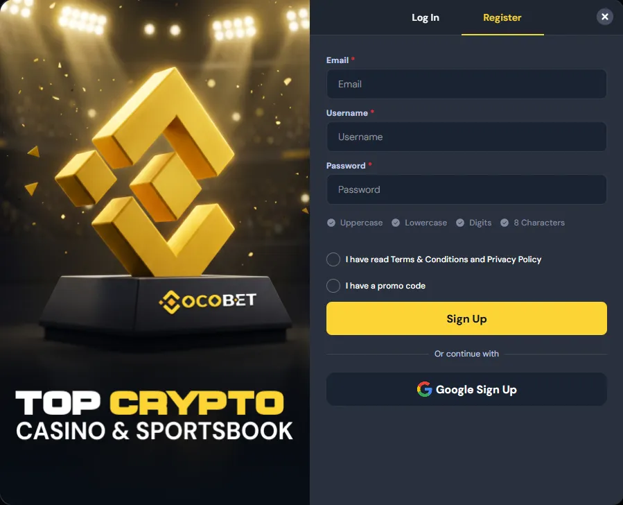 Cocobet registration form with the email, username and password fields