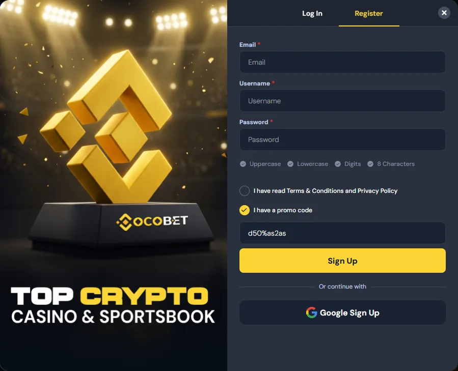 Cocobet sign up form with the promo code checkbox ticked and promo code d50%as2as entered